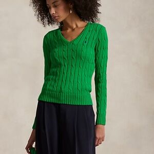 Polo Ralph Lauren Cable-Knit Cotton V-Neck Sweater green medium